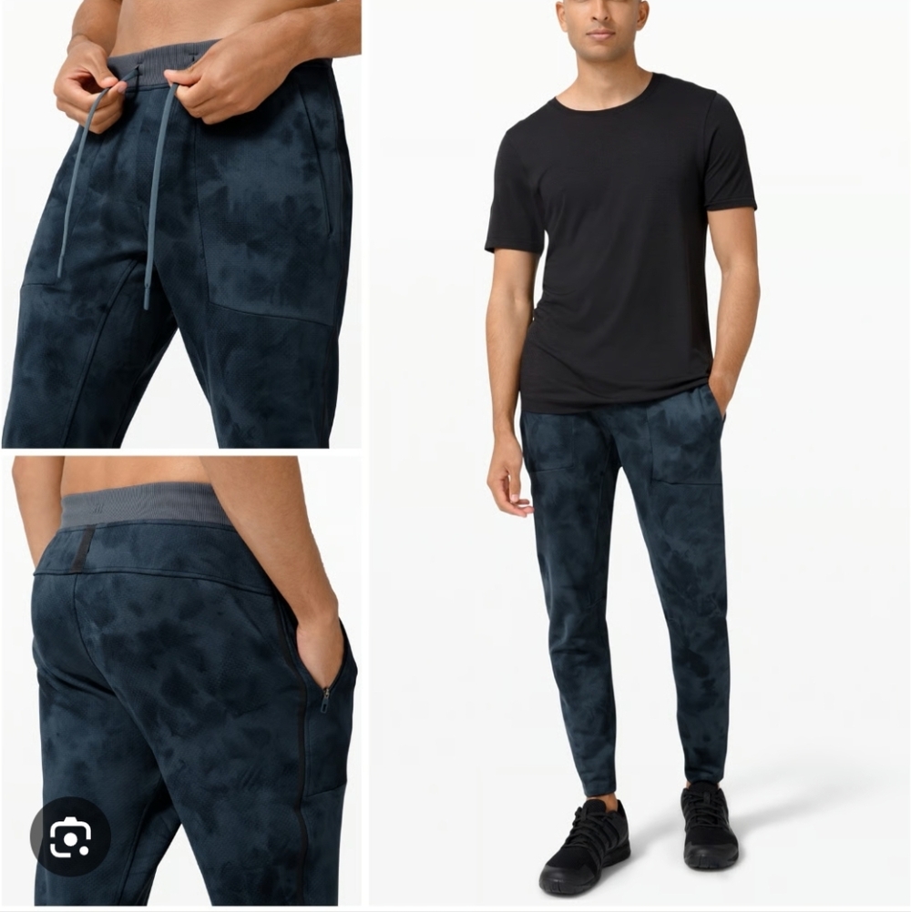 Men Lululemon Textured Tech Pant Denim Wash Print Black Twill Multi Extra Small